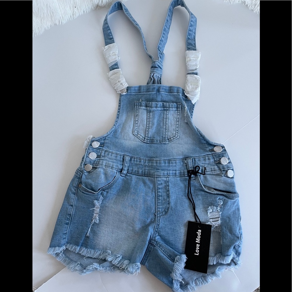 Love Moda Slim Fit Denim Short Overalls Lt Blue M